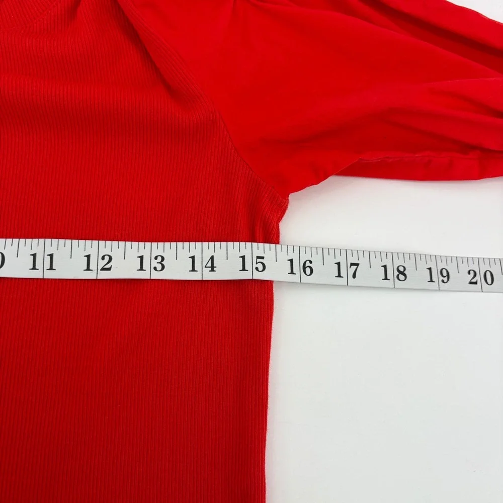LOFT Womens Small Red Top Long Puff Sleeve Ribbed Mixed Media Smocked Cuff